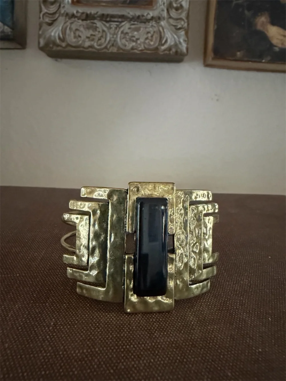 Vintage Modern Geometric‎ Gold-Tone Black Enamel Bracelet